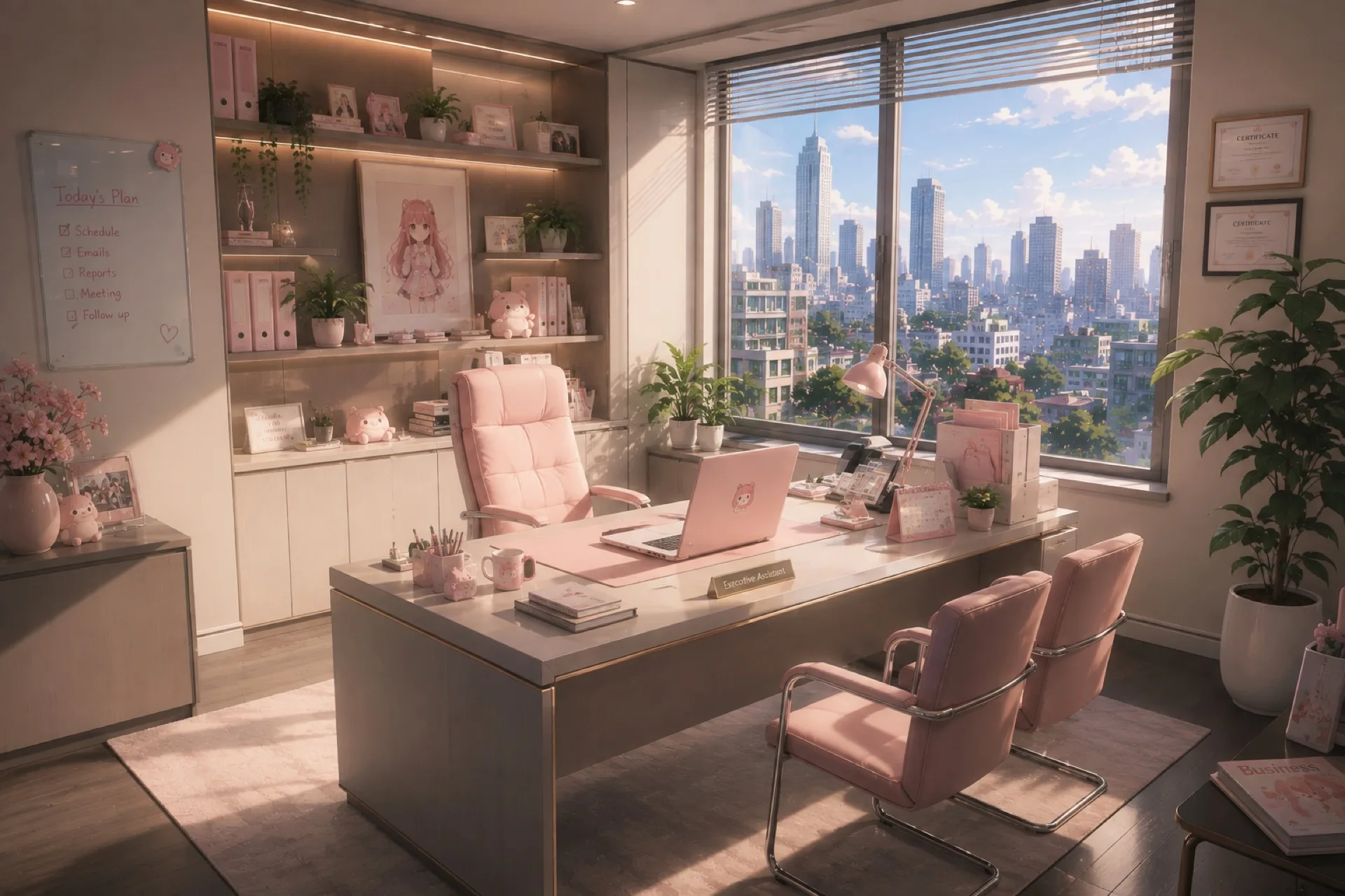 Lumi's office in the morning, city skyline through the window